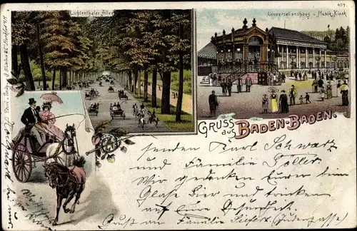 Litho Baden Baden am Schwarzwald, Lichtentaler Allee, Konversationshaus und Musikkiosk, Kutsche