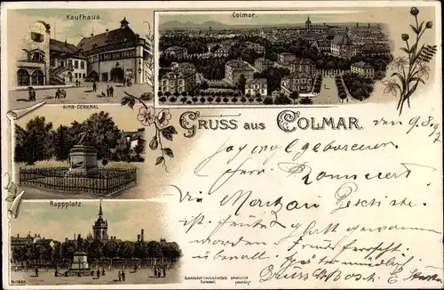 Litho Colmar Kolmar Elsass Haut Rhin, Panorama, Kaufhaus, Hirn Denkmal, Rappplatz