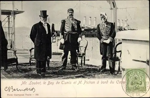 Ak Président Loubet, le Bey de Tunis et M. Pichon a bord du Casablanca, portrait