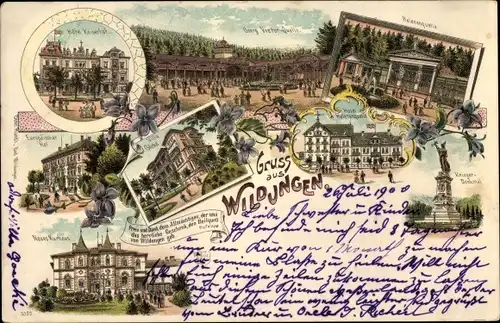 Litho Bad Wildungen in Nordhessen, Hotel Kaiserhof, Georg Viktor Quelle, Helenenquelle, Villa Göcke