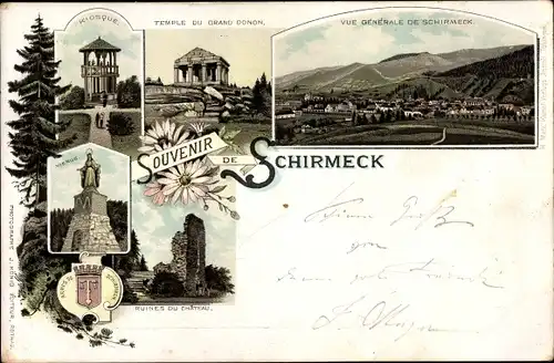 Litho Schirmeck Elsass Bas Rhin, Vue générale, Temple du Grand Donon, Kiosque, Vierge, Ruines