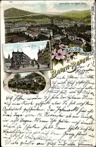 Litho Baden Baden am Schwarzwald, Panorama vom SchlossSolms, Leopoldsplatz, Trinkhalle