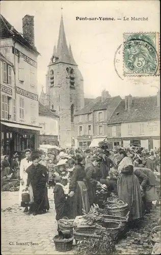 Ak Pont sur Yonne Yonne, Le Marché, marchands, eglise, La Belle Perniere