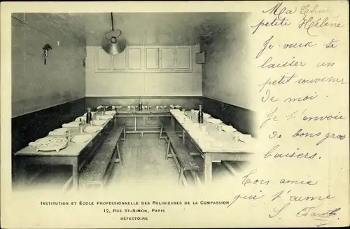 Ak Paris VII., 12, Rue St Simon, École professionnelle des Religieuses de la Compassion, Réfectoire