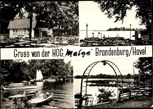 Ak Brandenburg an der Havel, HOG Malge, Außenansichten, Bootanleger, Terrassentische