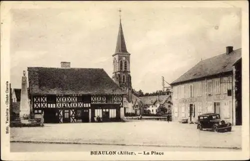 Ak Beaulon Allier, La Place, voiture, eglise