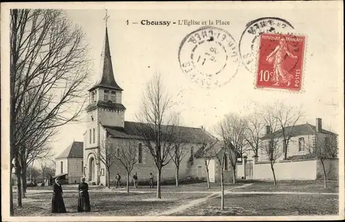 Ak Choussy Loir et Cher, L'Eglise et la Place, Kirche, Platz