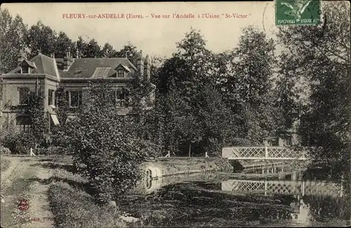 Ak Fleury sur Andelle Eure, Vue sur l'Andelle a l'Usine Saint Victor, pont