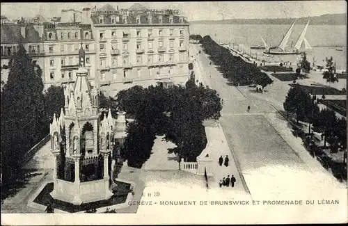 Ak Genève Genf Stadt, Monument de Brunswick et Promenade du Lac Leman, Hotel Richemond, Segelboote