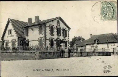 Ak Saint Remy en Rollat Allier, Marie et Ecole de Garcons, Café