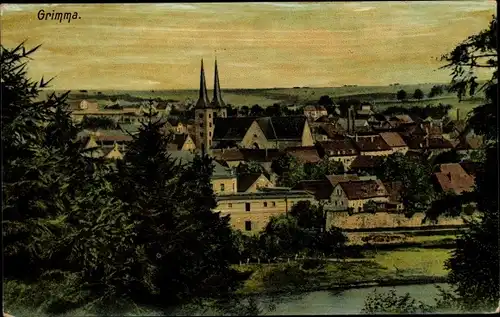 Ak Grimma in Sachsen, Totalansicht der Ortschaft, Kirche, Zieher 2890