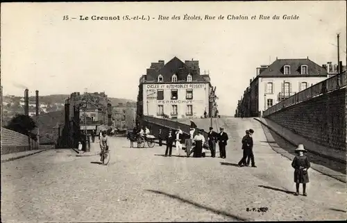 Ak Le Creusot Saône et Loire, Rue des Ecoles, Rue de Chalon, Rue du Guide