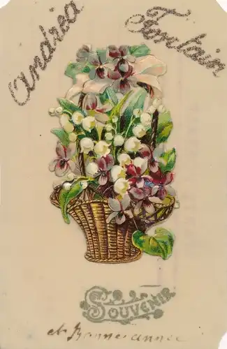 Zelluloid Ak Blumenkorb mit Maiglöckchen