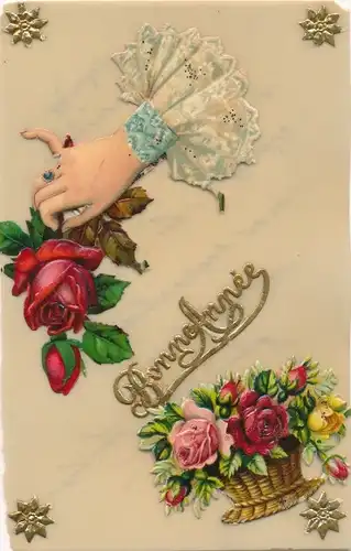 Zelluloid Ak Glückwunsch Neujahr, Rosen, Korb mit Blumen