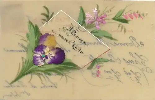 Zelluloid Ak Blumen, Schlüsselblume, Stiefmütterchen aus Seide