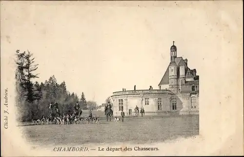 Ak Chambord Loir et Cher, Le départ des Chasseurs, Jagdszene