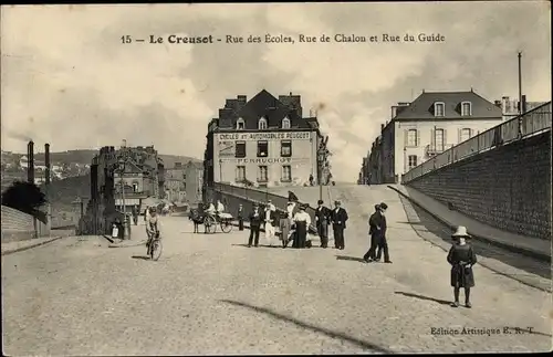 Ak Le Creusot Saône et Loire, Rue des Ecoles, Rue de Chalon, Rue de Guide