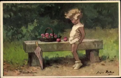 Künstler Ak Redon, Hésitation, Zögerlichkeit, Mädchen, Äpfel