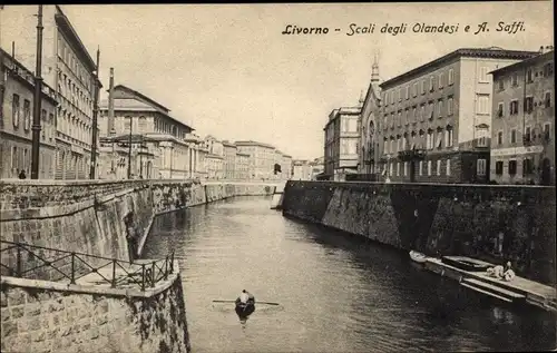 Ak Livorno Toscana, Scali degli Olandesi e A. Saffi, Flusspartie mit Teilansicht der Stadt