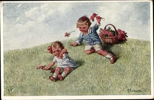 Künstler Ak Fialkowska, Wally, Sorglose Zeit, Junge bewirft Mädchen mit Rosen, Primus No. 1229