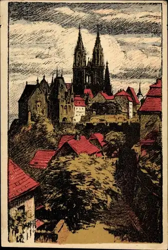 Steindruck Ak Barth, Artur, Meißen in Sachsen, Teilansicht der Stadt mit Dom