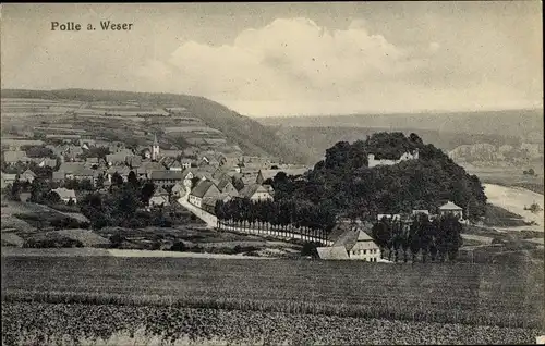 Ak Polle an der Weser in Niedersachsen, Blick vom Feld auf die Ortschaft und Umgebung, Burgruine