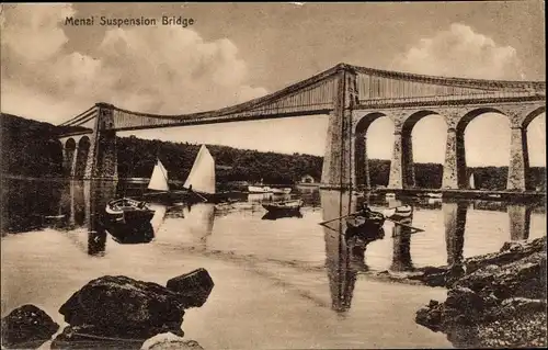 Ak Bangor Wales, Menai Suspension Bridge, Kettenbrücke