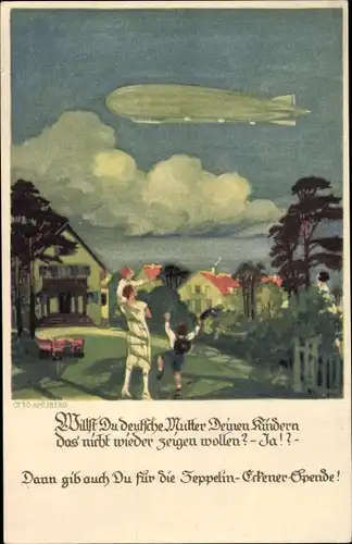 Künstler Ak Amtsberg, Otto, Zeppelin, Kinder und Frau winken, Zeppelin Eckener Spende