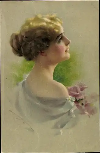 Künstler Ak Portrait einer jungen Frau mit hochgesteckten Haaren, Rückansicht, Munk 