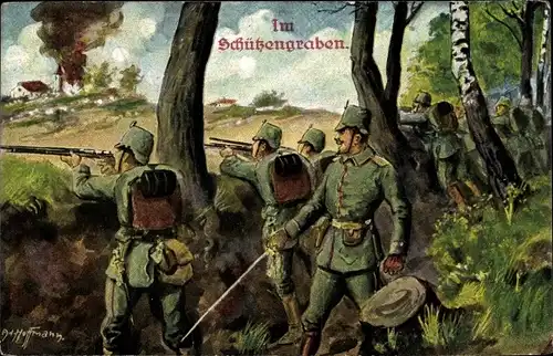 Künstler Ak Hoffmann, Ad., Im Schützengraben, Soldaten im Gefecht