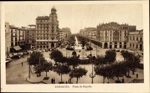 Ak Zaragoza Saragossa Aragonien, Plaza de Espana, Denkmal, Häuser