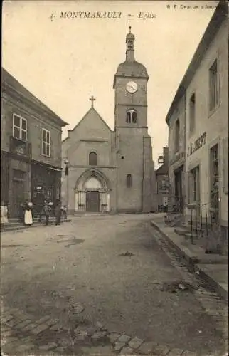 Ak Montmarault Allier, Eglise, magasin J. Alibert