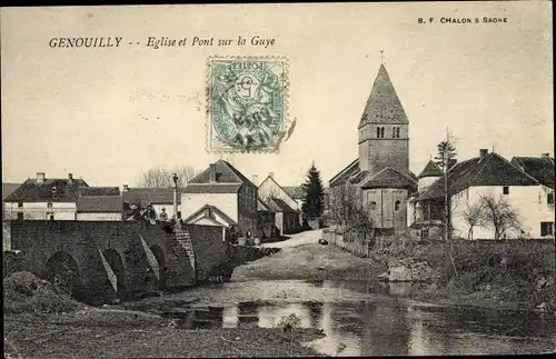 Ak Genouilly Saône et Loire, Eglise, Pont sur la Guye