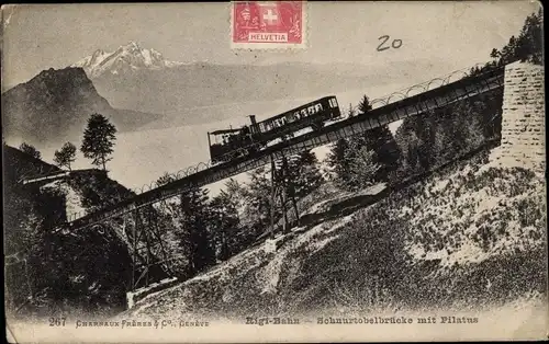 Ak Schweiz, Rigi Bahn, Schnurtobelbrücke, Pilatus, Zahnradbahn