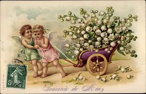 Litho Souvenir de Mai, Engel ziehen Wagen mit Maiglöckchen