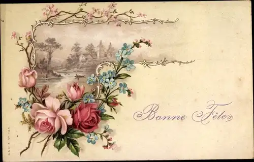 Litho Glückwunsch Sonstige, Bonne Fete, Rosen, Vergissmeinnicht, Haus