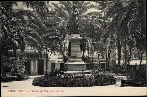 Ak Cádiz Andalusien Spanien, Plaza y Estatua de Emilio Castelar