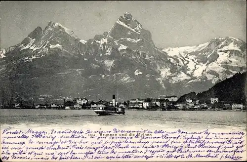 Ak Brunnen Kt. Schwyz Schweiz, Panorama und die Mythen