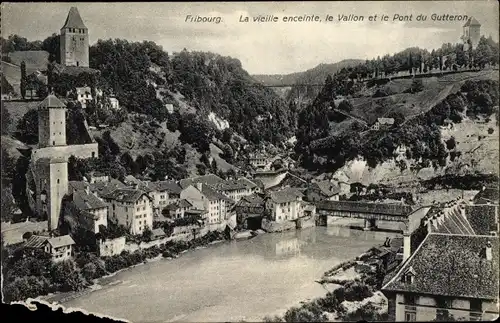Ak Fribourg Kt. Freiburg Schweiz, La vieille enceinte, le Vallin et le Pont du Gutteron