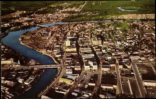 Ak Fairbanks Alaska USA, aerial view of the downtown district and Chena River