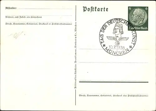 Ganzsachen Ak München Bayern, Tag der Deutschen Kunst 1938, Büste, Reichsadler