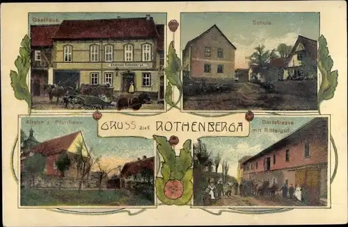 Ak Rastenberg Rothenberga in Thüringen, Gasthaus, Schule, Kirche, Pfarrhaus, Dorfstraße, Rittergut