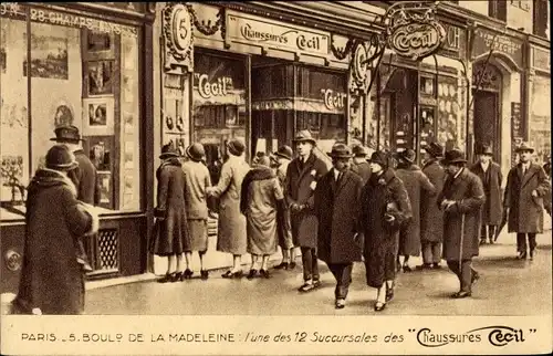 Ak Paris VIII., Boulevard de la Madeleine, Chaussures Cecil, Schuhhandlung, Reklame