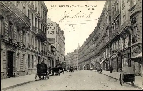 Ak Paris VIII., La Rue Marbeuf, American Bar, Kutschen, Straßenpartie