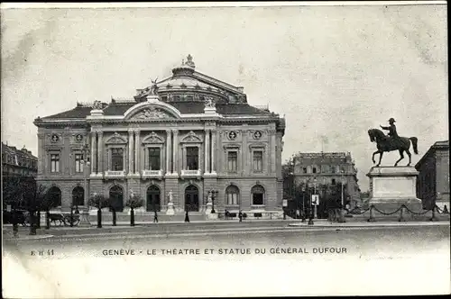 Ak Genève Genf Stadt, Theatre et Statue du General Dufour