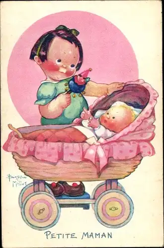 Künstler Ak Mallet, Beatrice, Petite Maman, Mädchen spielt mit Baby im Kinderwagen, Kitsch