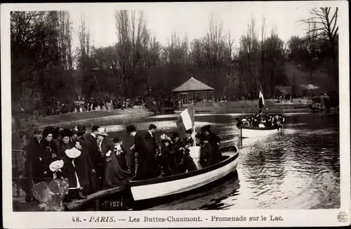 Ak Paris XIX., Promenad sur le Lac, bacs, drapeau