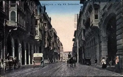 Ak Genova Genua Ligurien, Cia XX Settembre, Kutschen, Häuserfassaden im Jugendstil