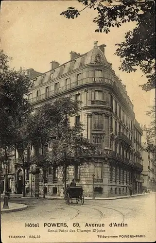 Ak Paris VIII., Hotel Powers, Avenue d'Antin, Rond Point des Champs Élysées