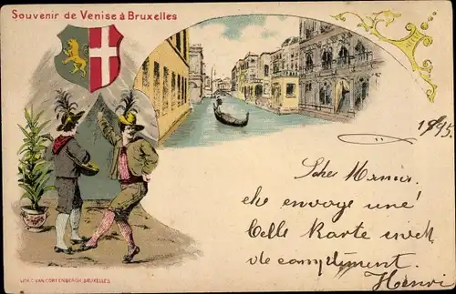Litho Brüssel, Souvenir de Venise à Bruxelles, Wappen, Tänzer, Bootspartie